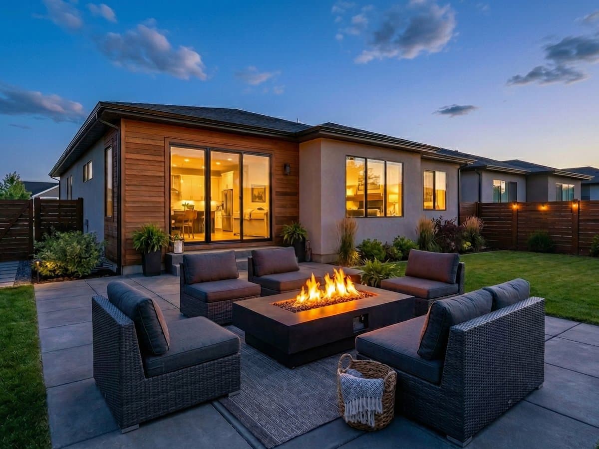 Custom built-in fire pit at twilight