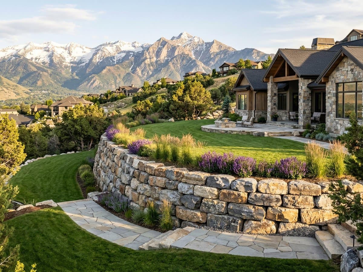 Stone retaining wall in a Wasatch backyard
